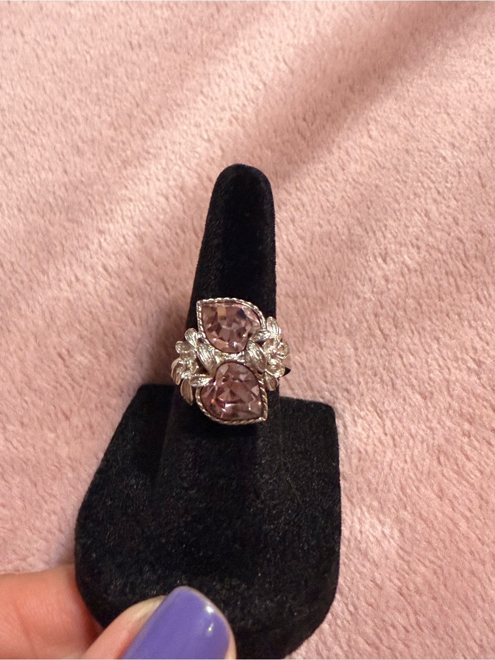Vintage Sarah Coventry adjustable ring floral and heart rhinestones.